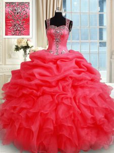 Straps Coral Red Sleeveless Floor Length Beading and Ruffles and Pick Ups Zipper Quinceanera Dresses