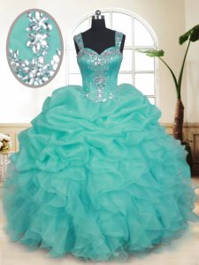 Straps Turquoise Zipper Sweet 16 Dresses Beading and Ruffles and Pick Ups Sleeveless Floor Length