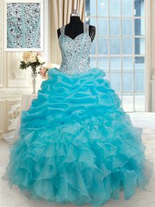 Straps Floor Length Aqua Blue Quinceanera Gowns Organza Sleeveless Beading and Ruffles and Pick Ups