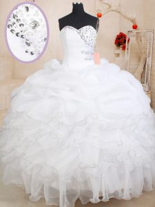 Excellent Organza Sweetheart Sleeveless Zipper Beading and Ruffles and Pick Ups 15th Birthday Dress in White