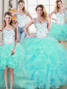 Four Piece Straps Sleeveless Floor Length Beading and Lace and Ruffles Lace Up Vestidos de Quinceanera with Aqua Blue