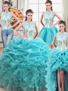 Exquisite Four Piece Scoop Aqua Blue Sleeveless Organza Lace Up Quinceanera Gown for Military Ball and Sweet 16 and Quinceanera