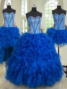 Shining Four Piece Royal Blue Organza Lace Up Quinceanera Gowns Sleeveless Floor Length Beading and Ruffles