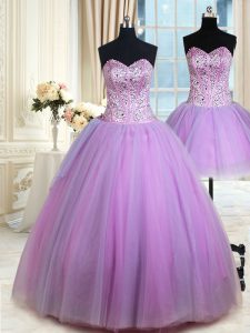 Three Piece Lavender Lace Up Quinceanera Gown Beading Sleeveless Floor Length