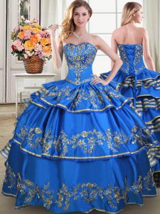 Shining Floor Length Lace Up 15 Quinceanera Dress Blue for Military Ball and Sweet 16 and Quinceanera with Beading and Embroidery and Ruffled Layers
