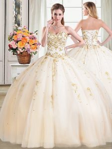 Floor Length Ball Gowns Sleeveless Champagne Quinceanera Gowns Lace Up