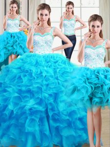 Four Piece Straps Baby Blue Sleeveless Organza Lace Up Ball Gown Prom Dress for Military Ball and Sweet 16 and Quinceanera