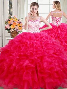 Straps Sleeveless Floor Length Beading and Ruffles Lace Up Sweet 16 Dress with Hot Pink