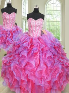 Three Piece Floor Length Multi-color Quinceanera Gowns Organza Sleeveless Beading and Ruffles