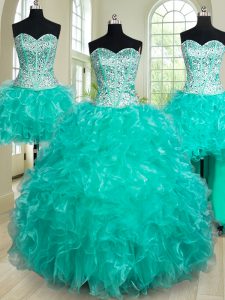 Great Four Piece Turquoise Ball Gown Prom Dress Military Ball and Sweet 16 and Quinceanera and For with Beading and Ruffles Sweetheart Sleeveless Lace Up