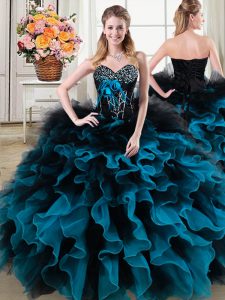 Sleeveless Floor Length Beading and Ruffles and Hand Made Flower Lace Up Vestidos de Quinceanera with Black and Blue