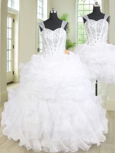 Lovely Three Piece Straps Sleeveless Lace Up Floor Length Beading and Ruffles Quince Ball Gowns