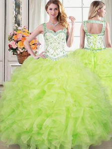 Vintage Straps Yellow Green Lace Up Sweet 16 Dress Beading and Lace and Ruffles Sleeveless Floor Length