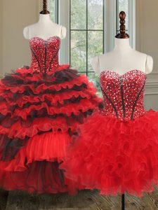 Three Piece Black and Red Ball Gowns Beading and Ruffled Layers Quince Ball Gowns Lace Up Organza Sleeveless Floor Length
