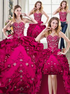 Shining Four Piece Sleeveless Organza and Taffeta Floor Length Lace Up Vestidos de Quinceanera in Fuchsia with Beading and Embroidery