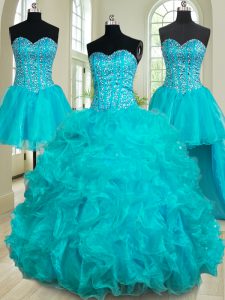 Four Piece Floor Length Teal 15 Quinceanera Dress Sweetheart Sleeveless Lace Up