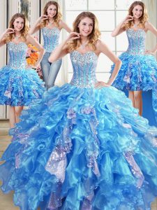 Best Four Piece Baby Blue Lace Up Sweetheart Beading and Ruffles and Sequins Quince Ball Gowns Organza Sleeveless