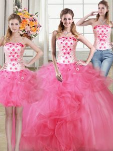 Spectacular Three Piece Floor Length Hot Pink Quinceanera Gowns Tulle Sleeveless Beading and Appliques and Ruffles