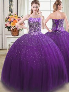 Glorious Beading 15th Birthday Dress Purple Lace Up Sleeveless Floor Length