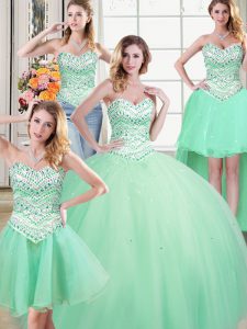 Modest Four Piece Sleeveless Tulle Floor Length Lace Up 15 Quinceanera Dress in Apple Green with Beading