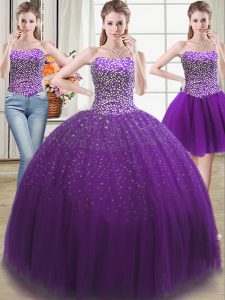 Three Piece Sweetheart Sleeveless Tulle Ball Gown Prom Dress Beading Lace Up