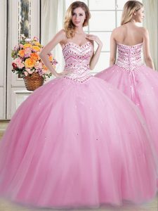 Custom Designed Rose Pink Ball Gowns Tulle Sweetheart Sleeveless Beading Floor Length Lace Up Sweet 16 Dress