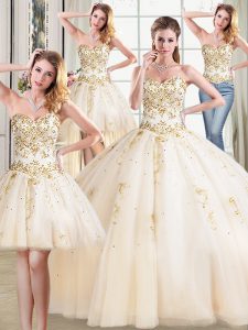Four Piece Sweetheart Sleeveless Tulle Ball Gown Prom Dress Beading Lace Up