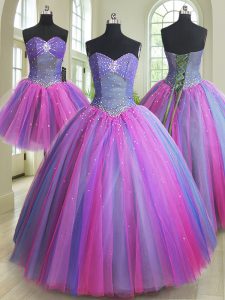 Hot Sale Three Piece Ball Gowns 15th Birthday Dress Multi-color Sweetheart Tulle Sleeveless Floor Length Lace Up