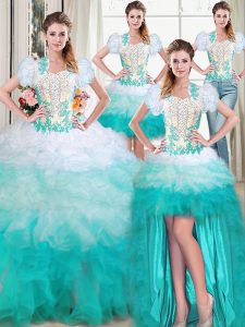 Nice Four Piece Multi-color Sleeveless Floor Length Beading and Appliques and Ruffles Lace Up Sweet 16 Dresses
