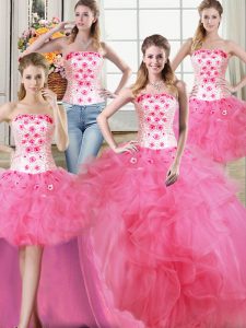Decent Four Piece Strapless Sleeveless Sweet 16 Quinceanera Dress Floor Length Beading and Appliques and Ruffles Hot Pink Tulle