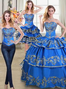 Three Piece Blue Ball Gowns Taffeta Sweetheart Sleeveless Beading and Embroidery and Ruffled Layers Floor Length Lace Up Ball Gown Prom Dress