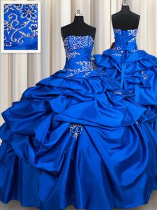 Delicate Royal Blue Ball Gowns Beading and Pick Ups 15 Quinceanera Dress Lace Up Taffeta Sleeveless Floor Length
