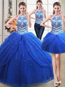 Three Piece Halter Top Royal Blue Sleeveless Floor Length Beading and Pick Ups Lace Up Sweet 16 Dresses