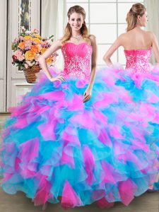 Dynamic Sweetheart Sleeveless Quinceanera Gowns Floor Length Beading and Ruffles Multi-color Organza and Tulle