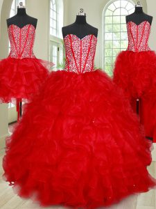 Fabulous Four Piece Sweetheart Sleeveless Lace Up Quinceanera Dress Red Organza