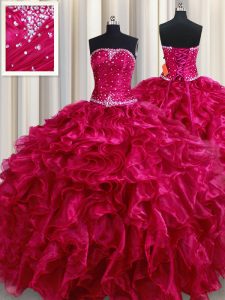 Fuchsia Sleeveless Organza Lace Up Vestidos de Quinceanera for Military Ball and Sweet 16 and Quinceanera