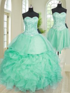 Beauteous Three Piece Beading and Ruffles Sweet 16 Quinceanera Dress Turquoise Lace Up Sleeveless Floor Length