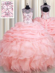Scoop Baby Pink Sleeveless Beading and Ruffles and Pick Ups Floor Length Sweet 16 Dress
