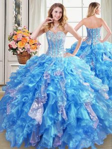 Baby Blue Ball Gowns Sweetheart Sleeveless Organza Floor Length Lace Up Beading and Ruffles and Sequins 15 Quinceanera Dress