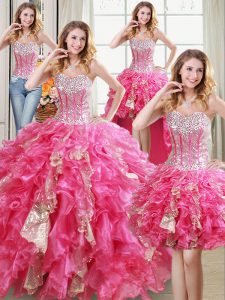 Four Piece Hot Pink Sweet 16 Dress Military Ball and Sweet 16 and Quinceanera and For with Beading and Ruffles and Sequins Sweetheart Sleeveless Lace Up
