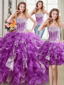 Three Piece Purple Ball Gowns Sweetheart Sleeveless Organza Floor Length Lace Up Beading and Ruffles and Sequins Quinceanera Gown
