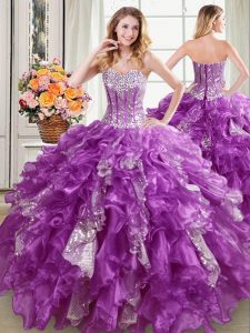 Purple Sweetheart Neckline Beading and Ruffles and Sequins Quince Ball Gowns Sleeveless Lace Up