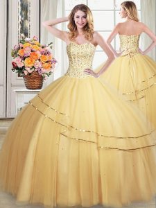 Exceptional Gold Ball Gowns Tulle Sweetheart Sleeveless Beading and Sequins Floor Length Lace Up Quinceanera Dress