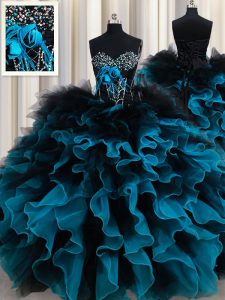 Ball Gowns Quince Ball Gowns Black and Blue Sweetheart Organza and Tulle Sleeveless Floor Length Lace Up