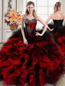 Sweetheart Sleeveless Sweet 16 Dress Floor Length Beading and Ruffles and Hand Made Flower Black and Red Organza and Tulle
