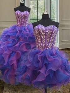 Noble Three Piece Blue and Purple Ball Gowns Organza Sweetheart Sleeveless Beading and Ruffles Floor Length Lace Up Quinceanera Dress
