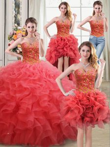 Four Piece Beading and Ruffles Sweet 16 Dress Coral Red Lace Up Sleeveless Floor Length