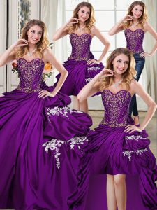 Extravagant Four Piece Purple Ball Gowns Beading and Appliques and Pick Ups Sweet 16 Quinceanera Dress Lace Up Taffeta Sleeveless Floor Length