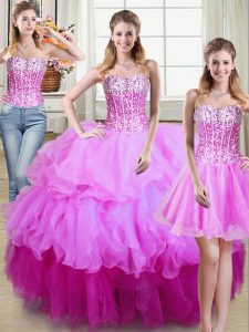 Elegant Three Piece Sweetheart Sleeveless Organza Sweet 16 Quinceanera Dress Ruffles and Sequins Lace Up