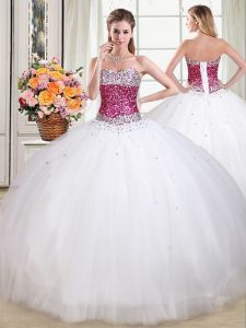 Ball Gowns Ball Gown Prom Dress White Sweetheart Tulle Sleeveless Floor Length Lace Up